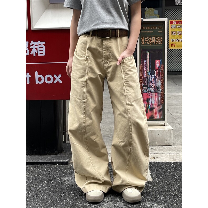 美式复古卡其色解构工装裤阔腿宽松弯刀版型牛仔裤休闲裤子,男装牛仔裤,星座601-1