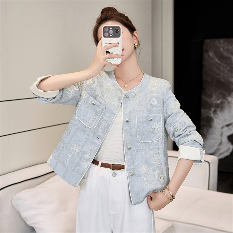新中式国风外套女欧洲站2025年早春新款韩版圆领重工刺绣夹克上衣,女装短外套,妃曼