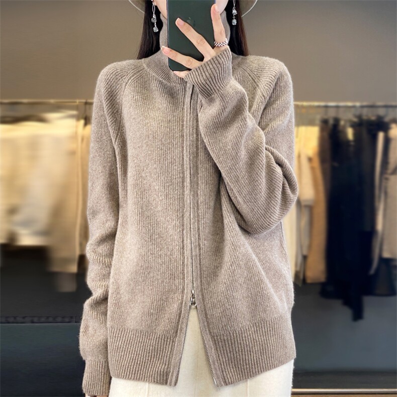 休闲立领毛衣外套女2024新款针织衫羊毛开衫上衣拉链卫衣韩版外搭,女装羊毛衫,端硕羊绒