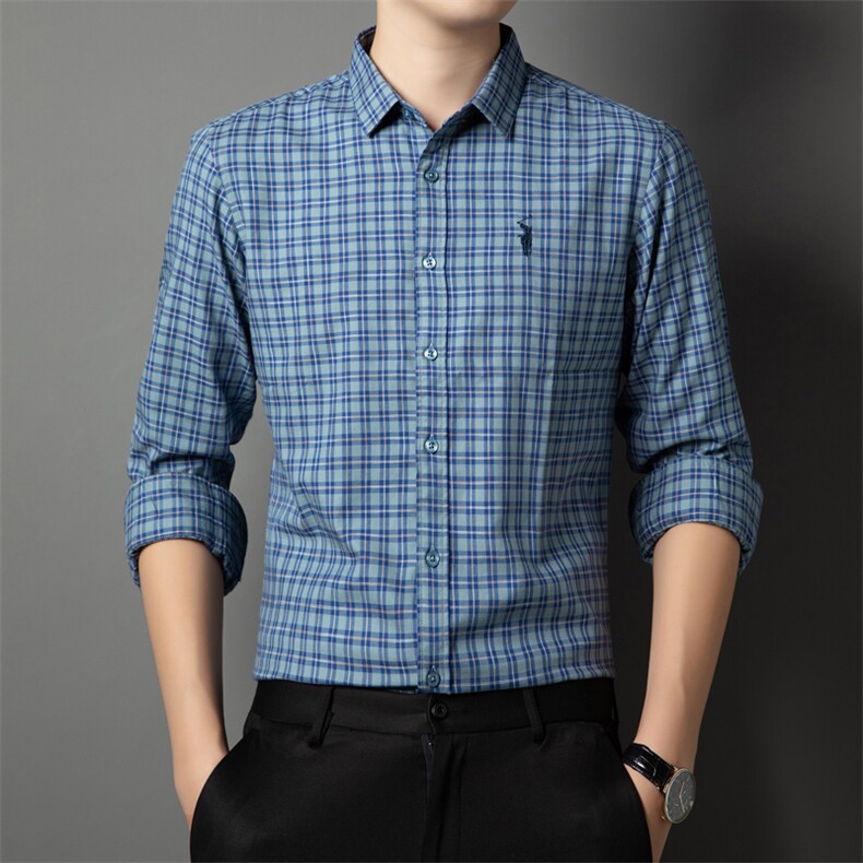 FN23813钱塘2020-1夏季新款宽松男士长袖衬衣小格子绣标衬衫P72,男装衬衫,钱塘207-1
