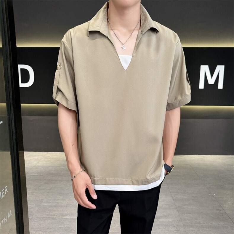 高级感V领纯色衫男夏季潮牌痞帅短袖男士休闲上衣A641/P32,男装衬衫,星座506