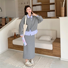 【新款】灰色假两件上衣+半身裙风套装W675P190K308，女装套装/套裙，2C209