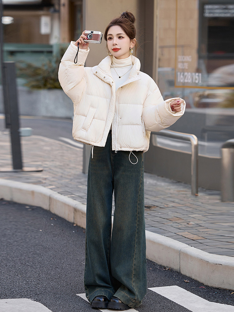 黄色羽绒服宽松短款外套2024冬装立领抽绳简约显白面包服女,女装羽绒服,曼慕纤衣