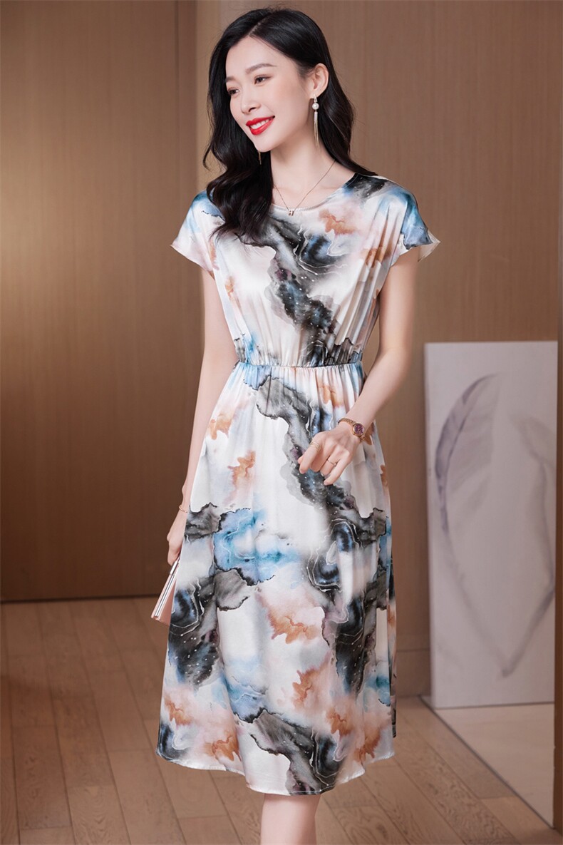 印花重磅真丝连衣裙女中长款2025新款年轻妈妈装系带桑蚕丝A字裙,女装连衣裙,阿舍尔精品