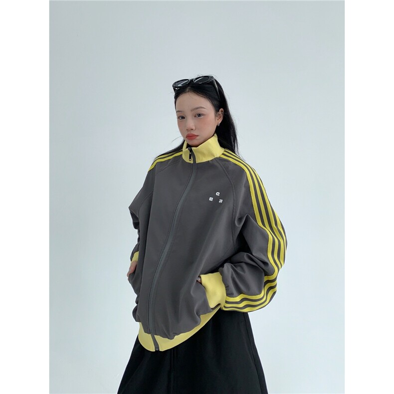 美式撞色条纹立领外套秋冬季新款插肩袖开衫上衣JK233-P68,女装短外套,星座208-5