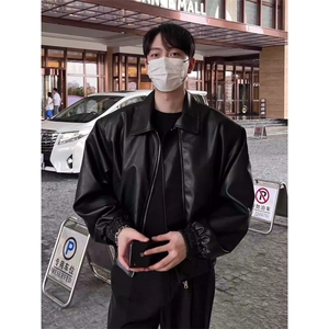 春季美式复古cleanfit短款垫肩皮衣外套男宽松PU皮夹克L73200-p66图片