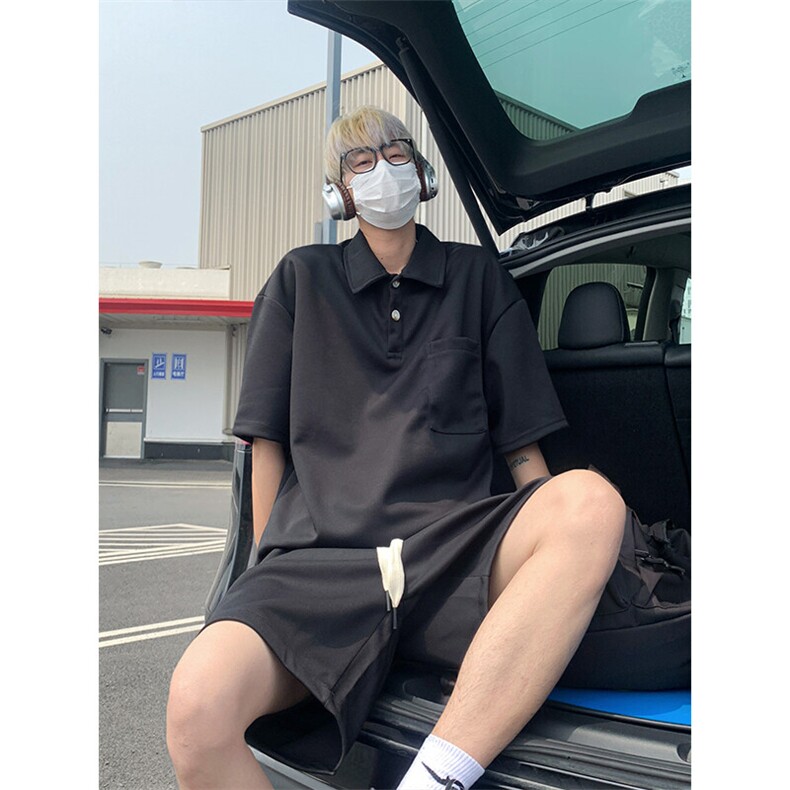 简约风套装男生夏季薄款翻领短袖休闲短裤运动潮牌宽松大码两件套,男装T恤,电商A007