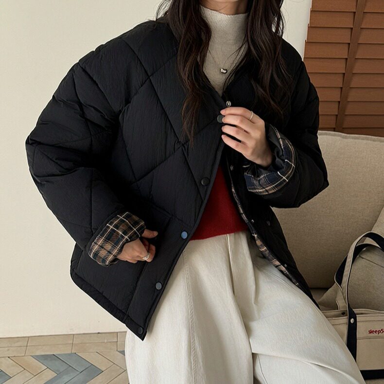 乌77韩系圆领棉衣外套女冬季复古格子拼接小个子棉服上衣,男装棉衣,星座506A