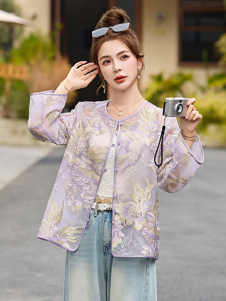 温柔紫色刺绣薄款外套女2025春夏新款漂亮新中式国风防晒开衫上衣,女装短外套,伊仟回