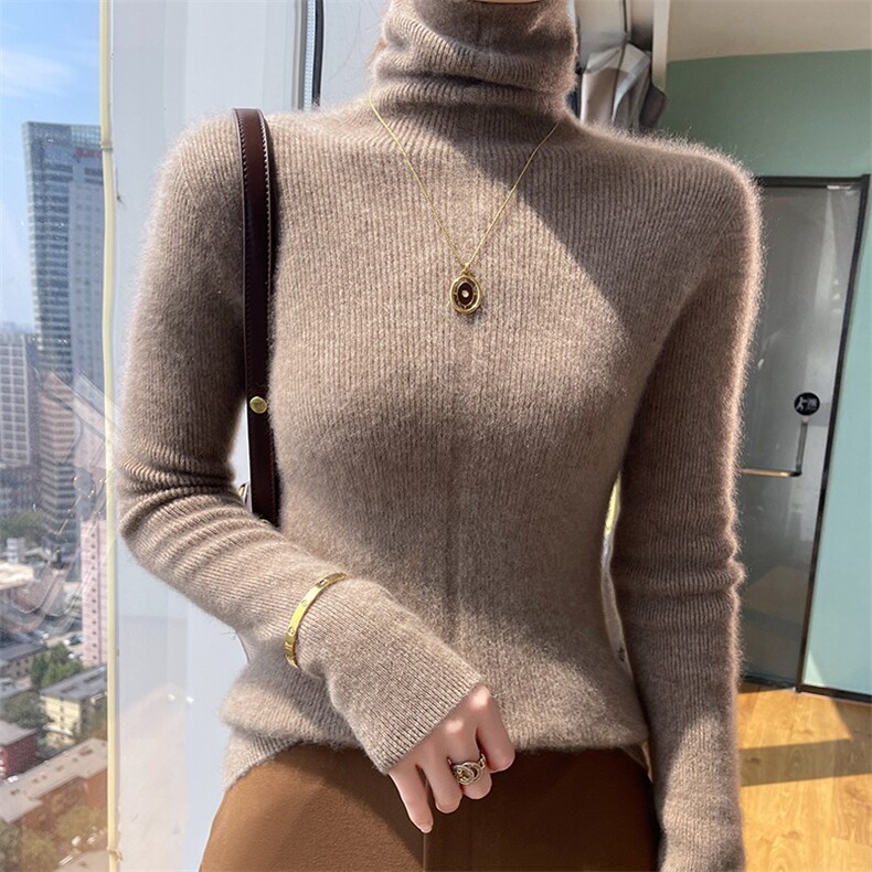秋冬季新款舒适时尚百搭一线抽条中缝堆领羊毛衫,女装羊毛衫,美轩羊绒