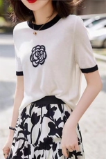 2025年秋季新款山茶花提花针织羊毛短袖上衣时尚休闲通勤百搭，女装羊毛衫，洁纯羊绒