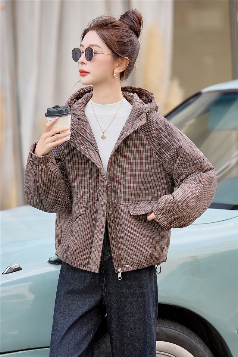 连帽格子棉衣女保暖休闲洋气棉服宽松减龄时尚夹棉外套,女装棉衣/棉服,余墨