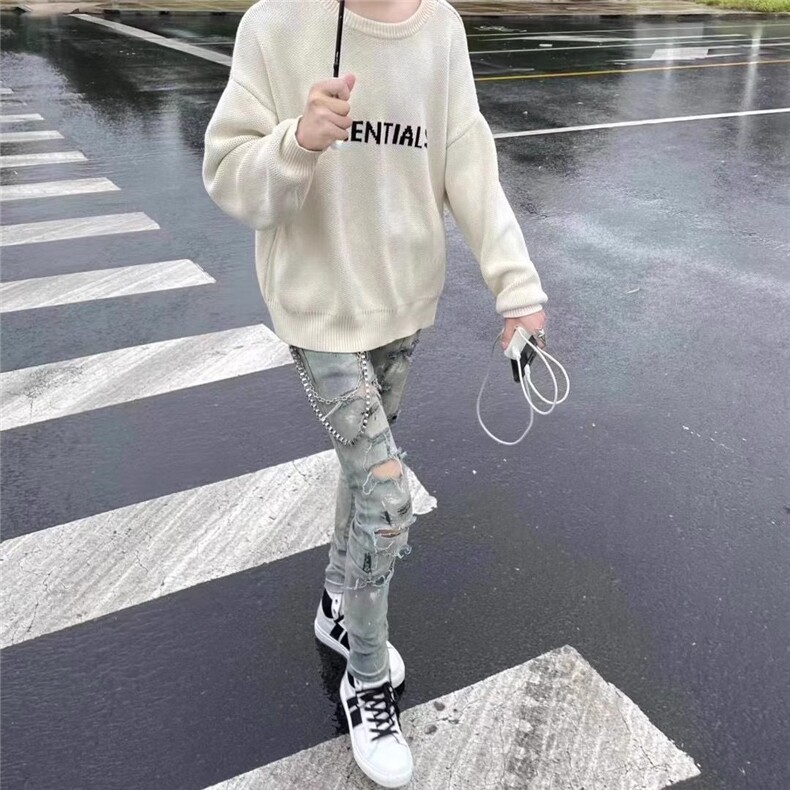 2026秋冬季潮牌美式破洞设计牛仔裤青少年水洗直筒蓝色男长裤,男装牛仔裤,星座506A
