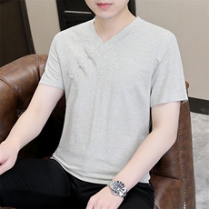 风2026夏季纯棉盘扣绣短袖T恤唐装大码男士小衫XF6501-P45，男装T恤，星座1105-3