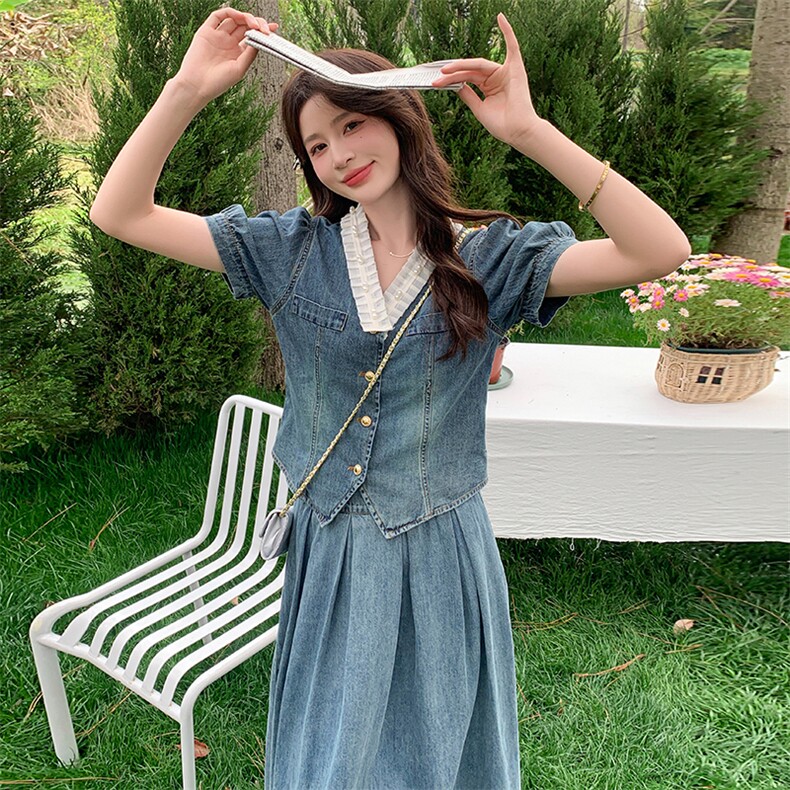 时尚韩系牛仔裙女2025年夏季新款泡泡袖v领上衣半身裙,女装连衣裙,维壹