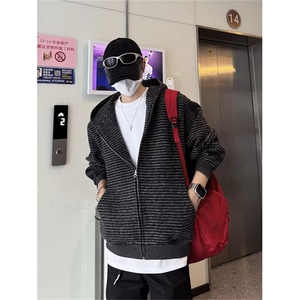 CL0855-P55美式复古条纹连帽卫衣外套秋冬休闲慵懒感宽松拉链开衫图片