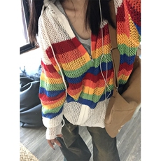【有货】彩虹镂空连帽针织开衫男女罩衫情侣衬衫外套2401CC-特P48，男装衬衫，星座1007（原301D）