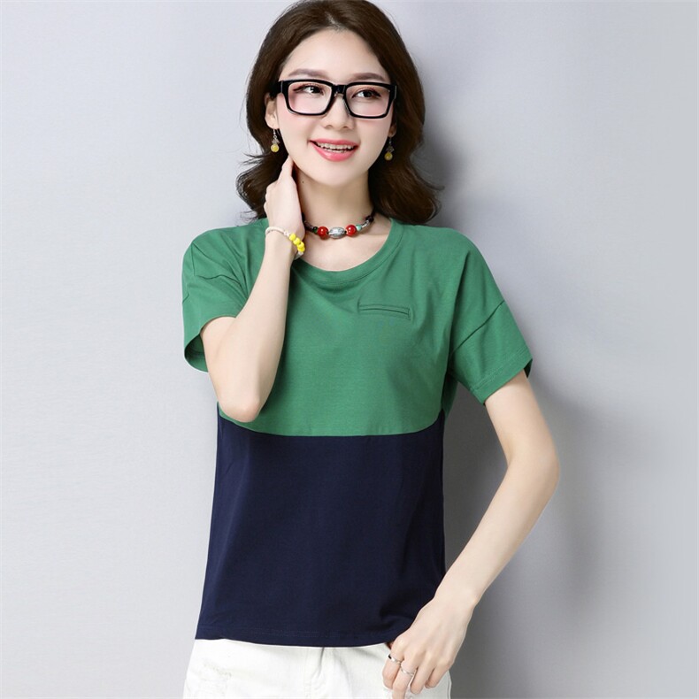 韩版简约舒适2021年春季宽松T恤拼接圆领修身显瘦潮流，女装T恤，丽影随形
