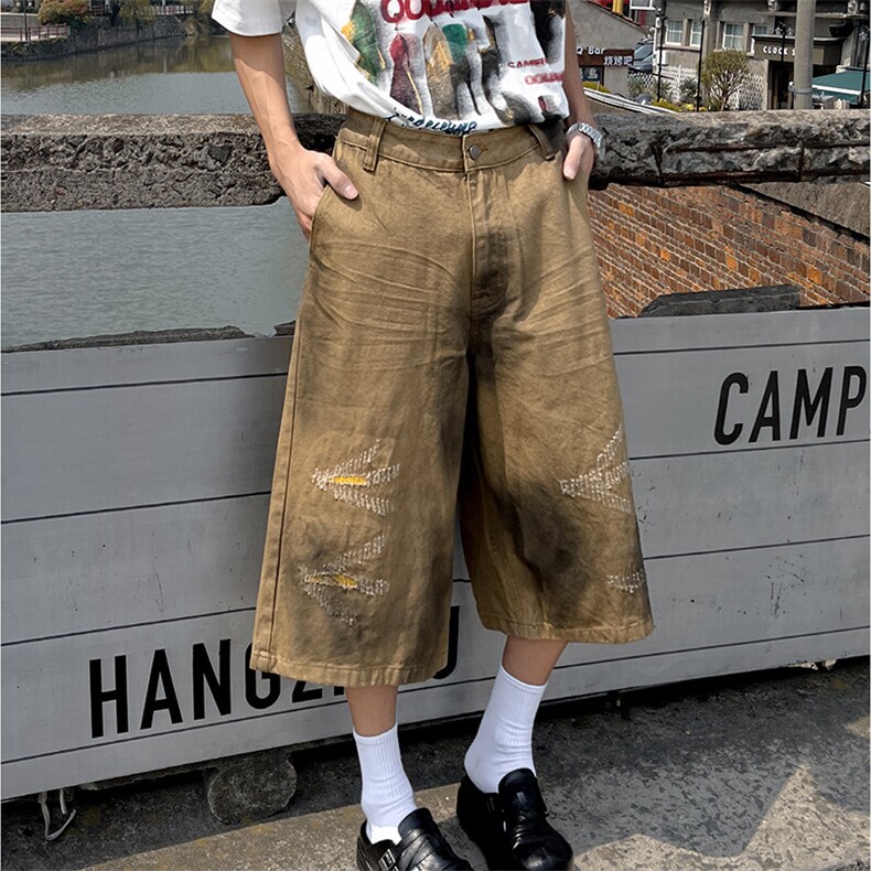 2025美式ins高街夏季水洗棉短裤七分休闲裤XZ212-1-QMK8115-P45,男装牛仔裤,星座212-1