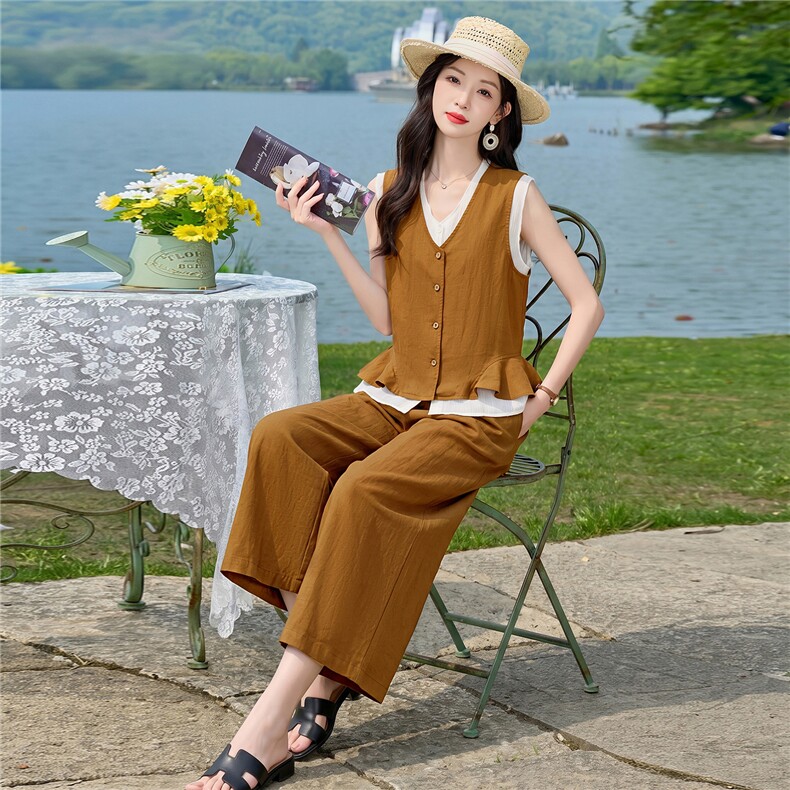 2026夏装新款简约时尚休闲假两件撞色拼接套装,女装套装/套裙,美沁