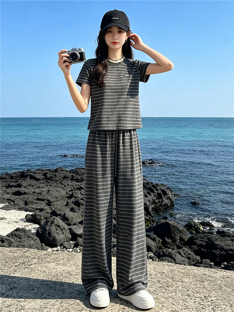 女夏季新款时尚休闲套装欧货圆领条纹短袖上衣高腰阔腿长裤两件套,女装套装/套裙,江南