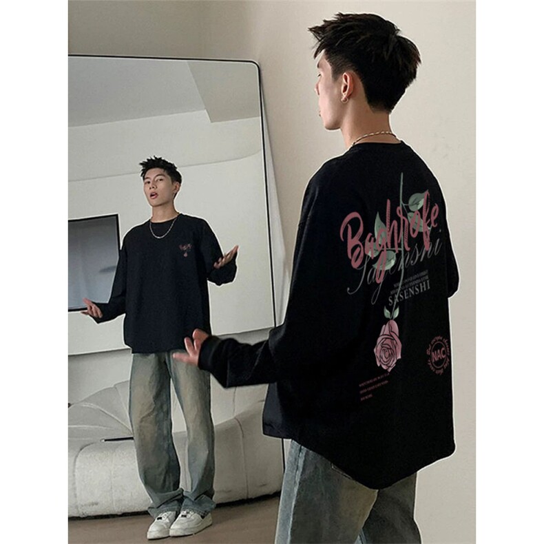 纯棉长袖T恤男春秋季美式复古潮流印花oversize休闲百搭重磅上衣,男装卫衣,星座809A(原222-1)