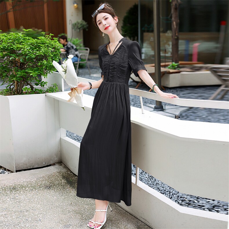 超仙流光连衣裙夏季新款高级感镂空收腰褶皱设计遮肚修身天丝长裙,女装连衣裙,卡杰菲