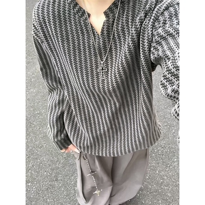 美式高街千鸟格子长袖T恤男女亨利V领英伦雅痞休闲宽松长袖打底衫图片
