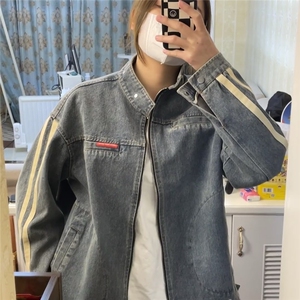 BLACKBB/美式复古水洗做旧条纹牛仔外套男女24s立领机车休闲夹克图片