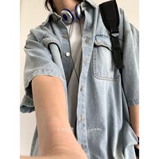 夏日系水洗做旧短袖牛仔衬衫复古潮牌翻领工装衬衣外套XCS48，男装T恤，星座208-5