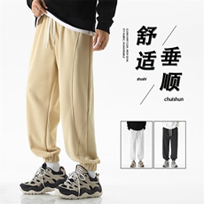 麻灰色百搭螺纹束脚运动裤垂感长裤宽松加绒休闲裤-X1630特批37，男装休闲裤，星座718