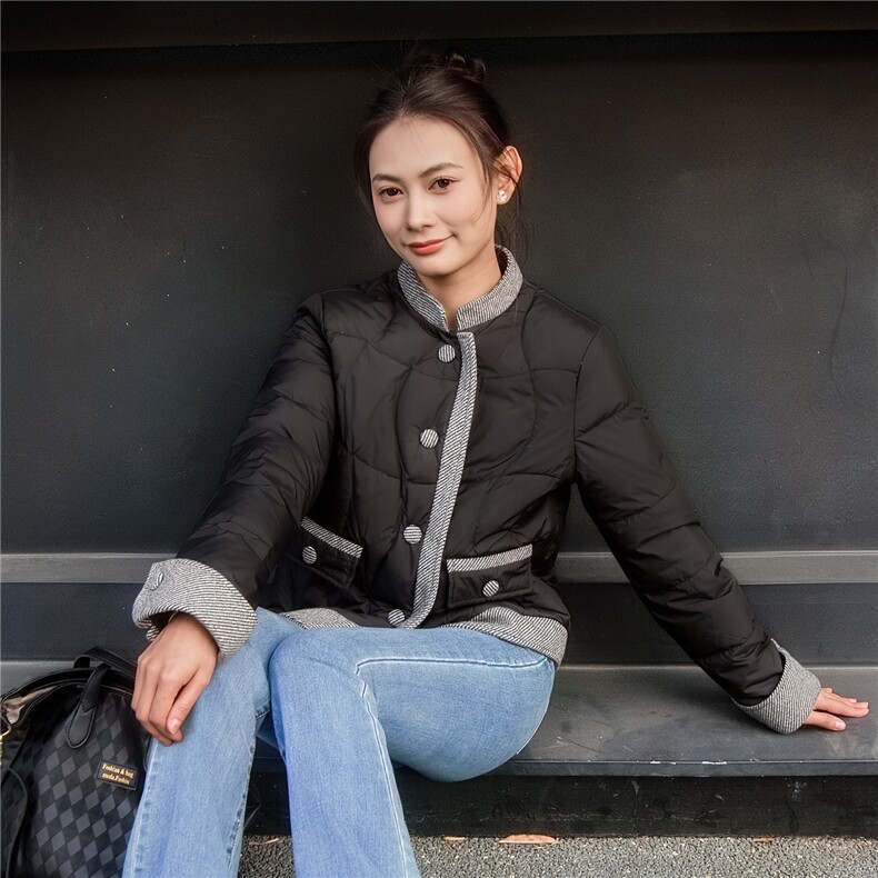 2025新款小香风外套立领拼色羽绒服,女装羽绒服,沫晗依美