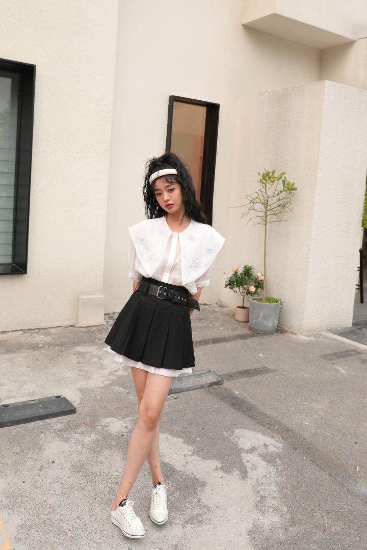 手工钉珠花朵领衬衫套装，女装衬衫，GN