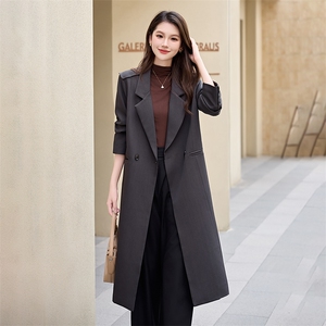 灰色高级感长款西装外套女春秋2025新款韩版宽松显瘦休闲气质风衣图片