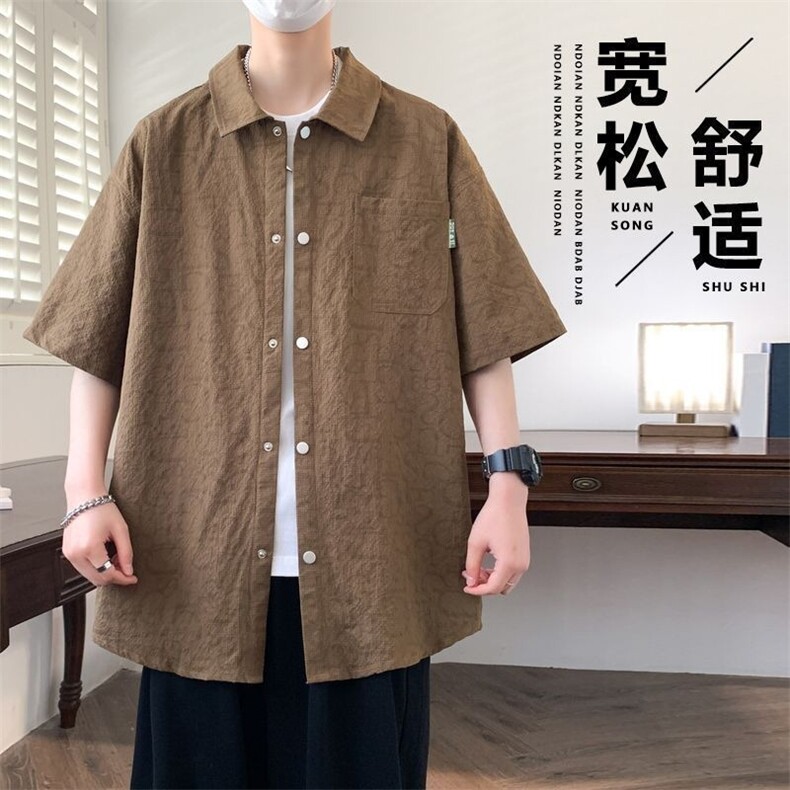 2025新款夏季潮流高街衬衫男款宽松大码薄款外套男简约短袖衬衣男图片