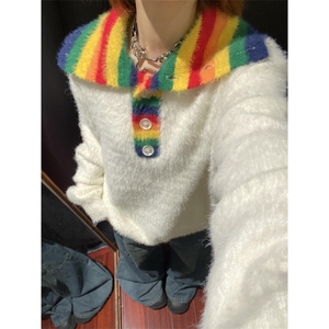 【有货】彩虹高领毛衣男女仿貂毛针织衫外套MY451CC-特P60图片