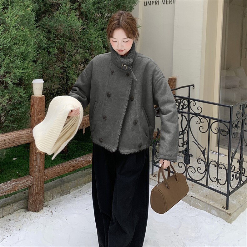 现货，210-3290-P195-288皮毛一体双排扣加厚,女装羊羔毛/颗粒绒,韩蜜菓
