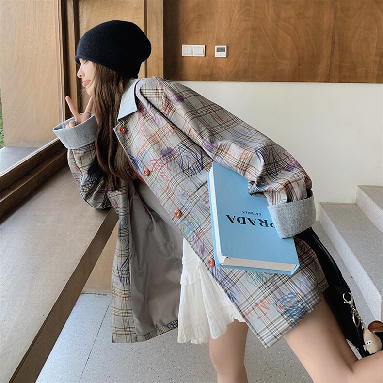 韩系休闲减龄单排扣灰色格子涂鸦风衣外套女2025春秋独特漂亮上衣，女装风衣，浙宝276（原081）