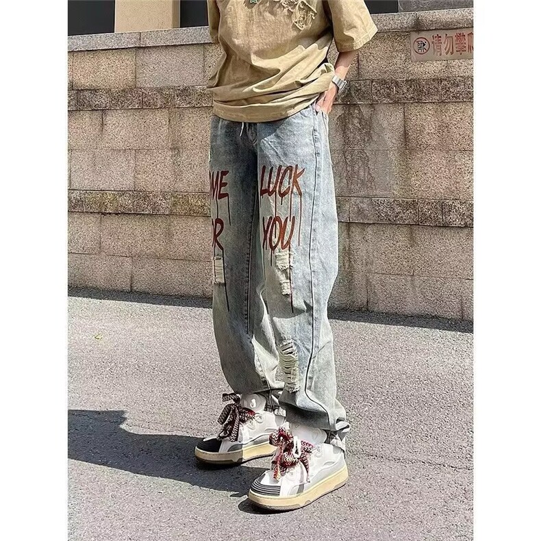 美式破洞牛仔裤男夏季薄款潮牌痞帅vibe风宽松直筒裤子XB136,男装牛仔裤,星座208-5