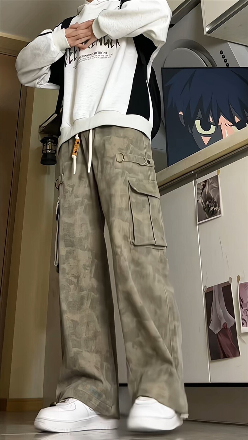 迷彩工装牛仔裤男美式抽绳宽松休闲长裤高街痞帅阔腿裤G350p65,男装牛仔裤,电商D256