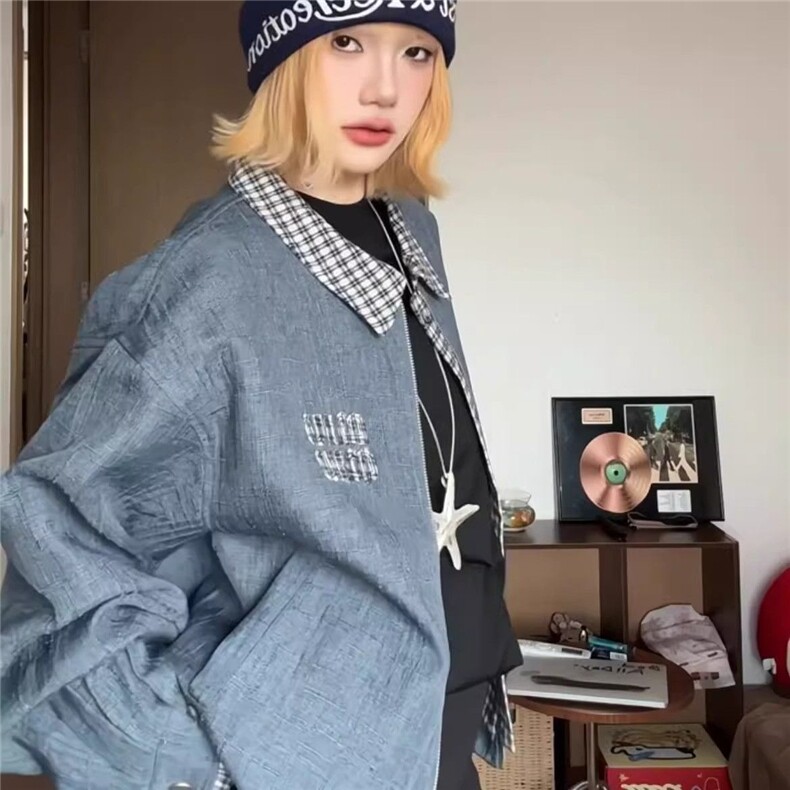 美式复古千鸟拼接两件工装外套秋季设计拉链宽松高级夹克JKB756,男装夹克,星座516A