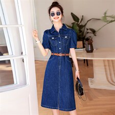 欧洲站牛仔连衣裙女2025年夏季新款气质高腰修身显瘦中长款衬衫裙，女装连衣裙，意芙