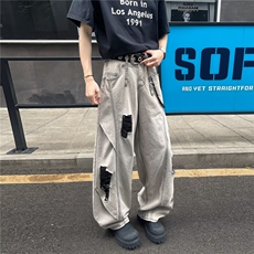 美式高街牛仔裤男女韩版潮流破洞帅气2025夏季ins长裤RK3016-P56，男装牛仔裤，星座412-2