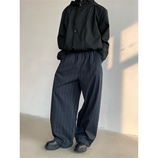 黑蓝条纹裤子男款秋冬日系复古oversize慵懒松弛感阔腿宽松弯刀裤，男装休闲裤，电商B288