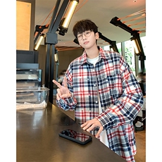 日系宽松复古拼接格子衬衫男女翻领长袖休闲外穿垂感衬衣A19/P48，男装衬衫，星座506