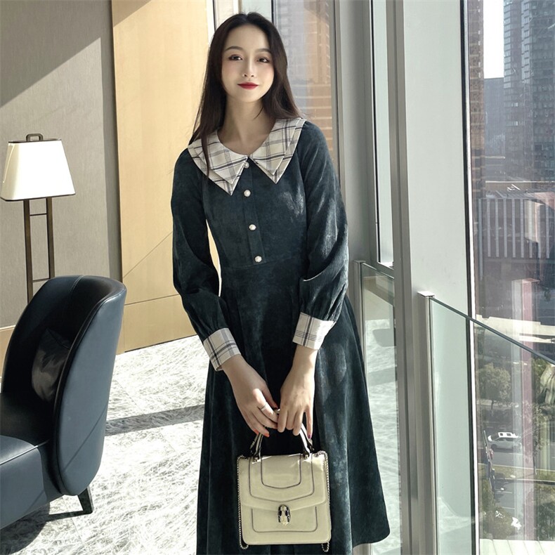 2021春季新款时尚优雅气质格纹拼接灯芯绒连衣裙,女装连衣裙,深水步