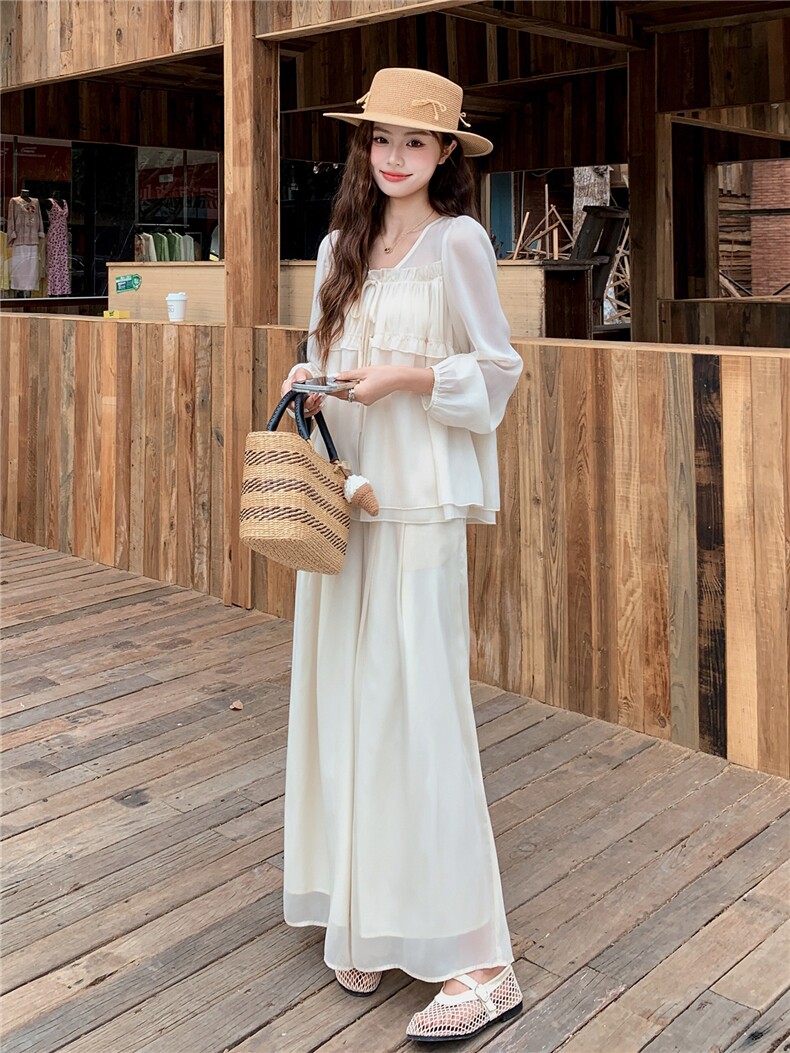 超仙时尚雪纺套装女2026春夏新款半透减龄长袖防晒阔腿裙裤两件套,女装套装/套裙,水衣源