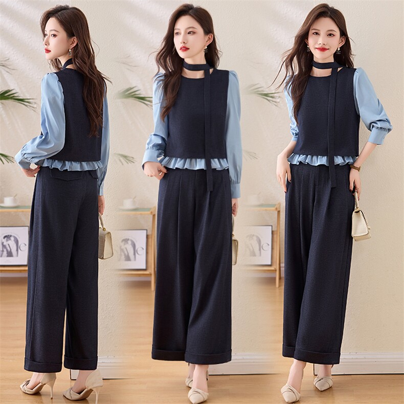 假两件上衣配阔腿裤套装女2025春秋新款气质女神范收腰显瘦两件套,女装套装/套裙,沁沁公主