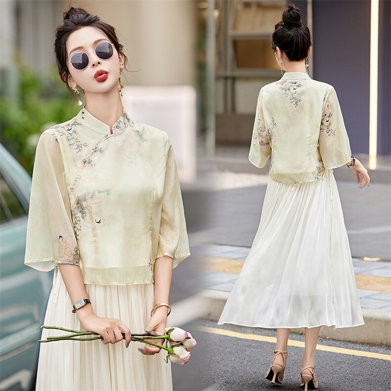/ 新中式天丝套装女夏季新款国风汉服禅意茶服穿搭两件套图片