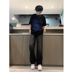 现货 24春夏渐变复古蓝黑色宽松直筒阔腿牛仔裤男 K5806-P50图片